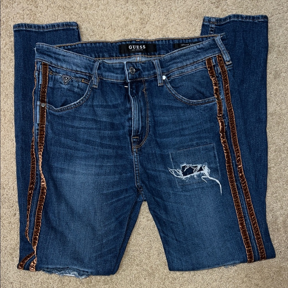 GUESS Women's High Rise Jeans in Blue with Brown Trim